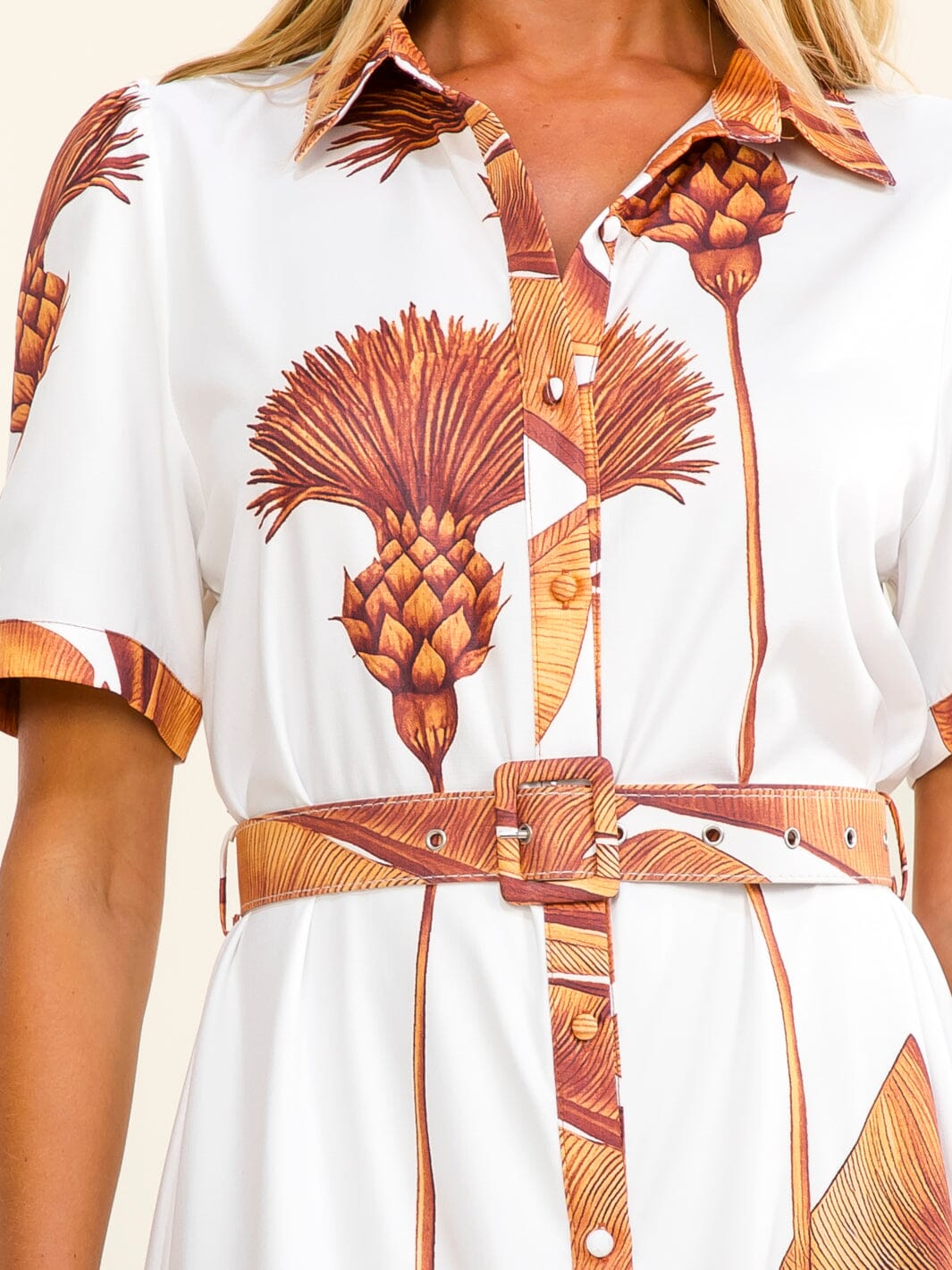 WOMEN'S SHORT SLEEVES BUTTON UP BELTED MULTI PRINT MAXI DRESS
