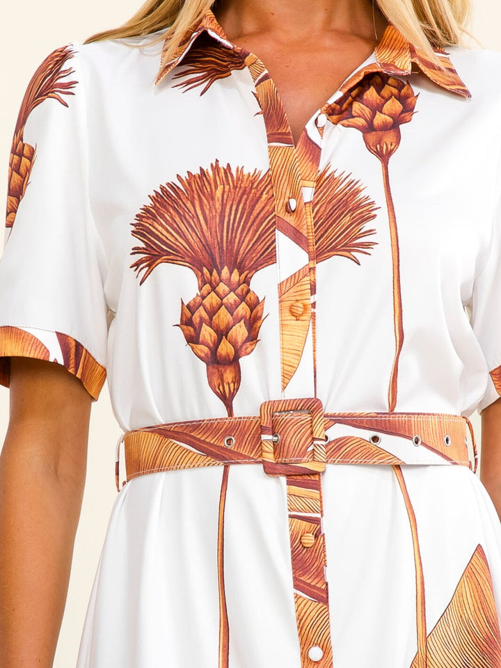 WOMEN'S SHORT SLEEVES BUTTON UP BELTED MULTI PRINT MAXI DRESS