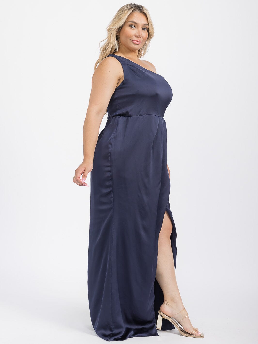 PUS SIZE SLEEVELESS ONE SHOULDER SURPLICE FRONT SLIT MAXI GOWN DRESS