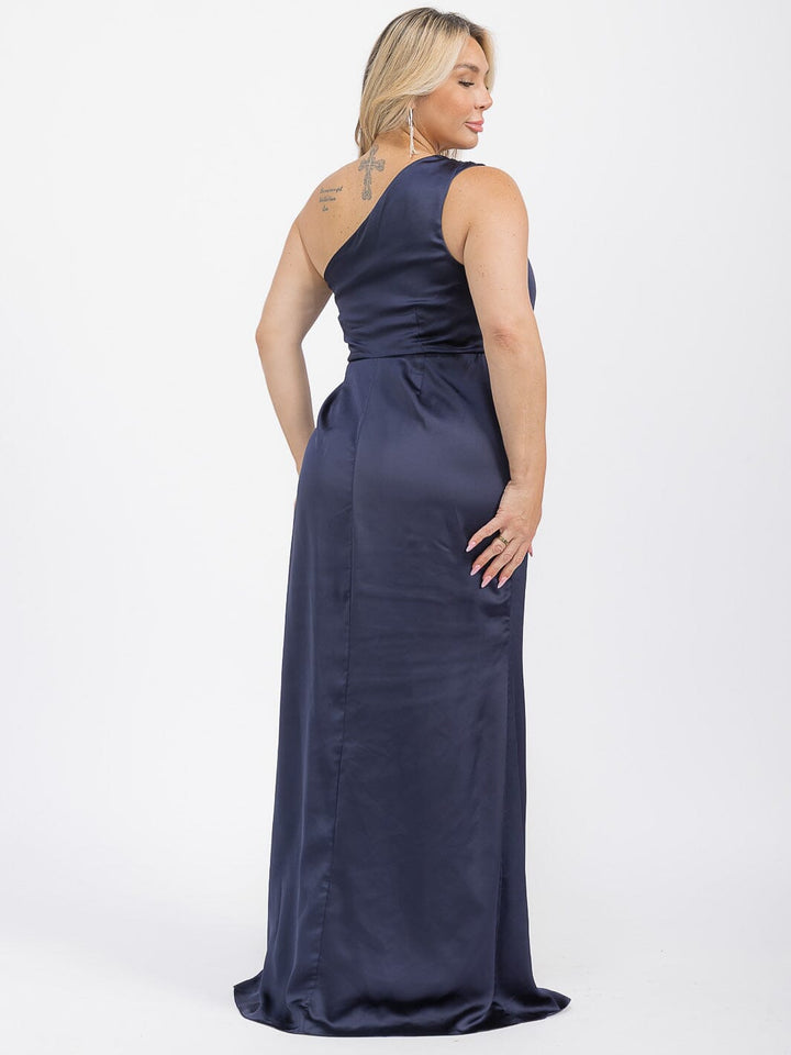 PUS SIZE SLEEVELESS ONE SHOULDER SURPLICE FRONT SLIT MAXI GOWN DRESS