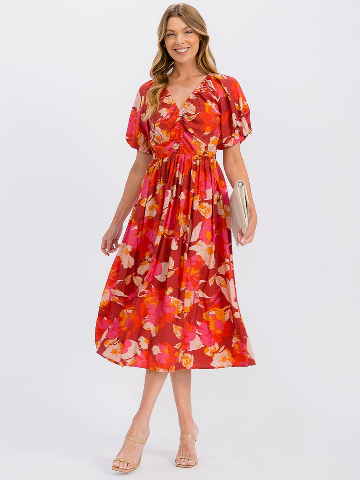 WOMEN'S SHORT SLEEVE V-NECK ELASTIC WAIST FLORAL MAXI DRESS