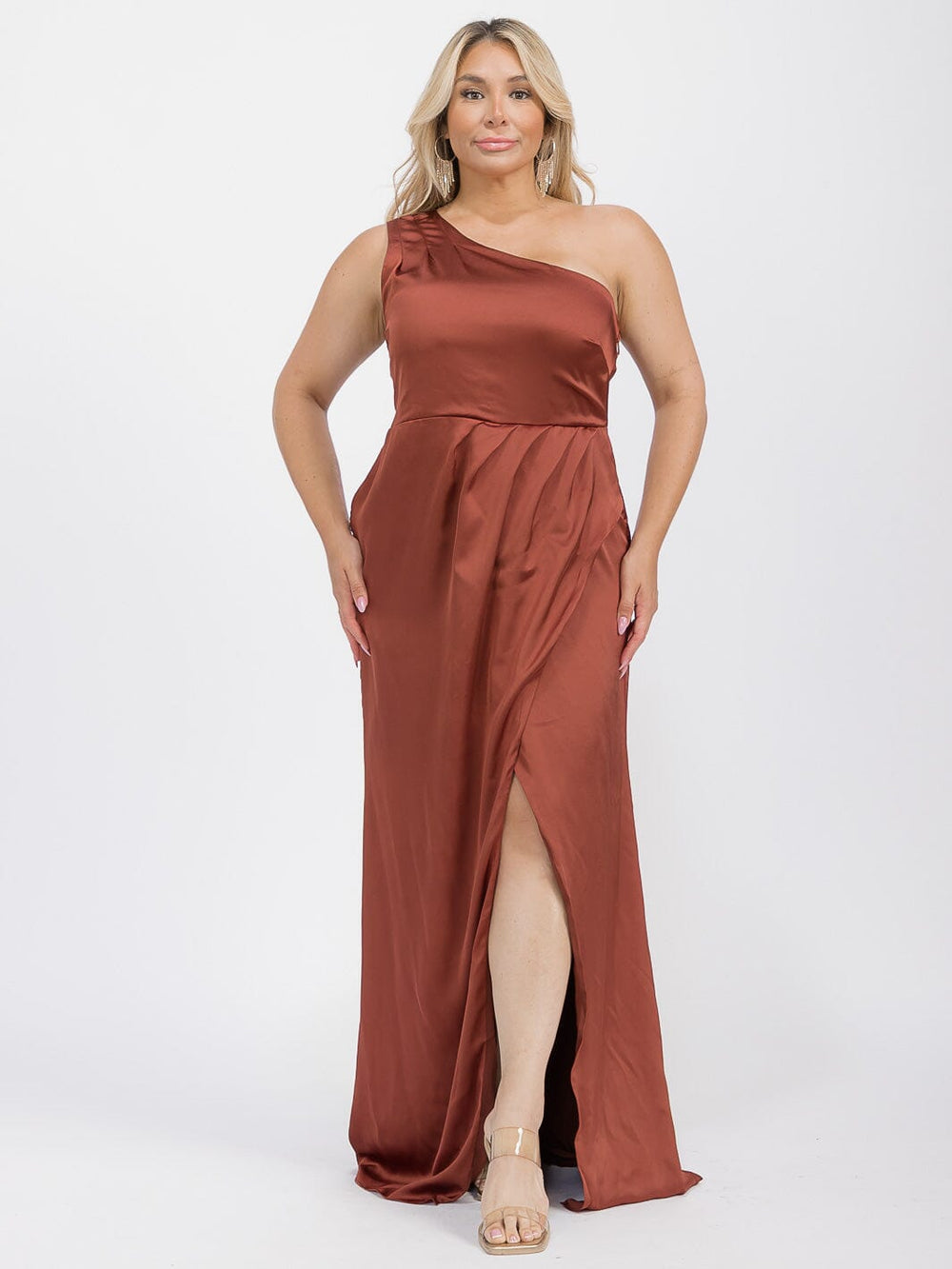 PUS SIZE SLEEVELESS ONE SHOULDER SURPLICE FRONT SLIT MAXI GOWN DRESS