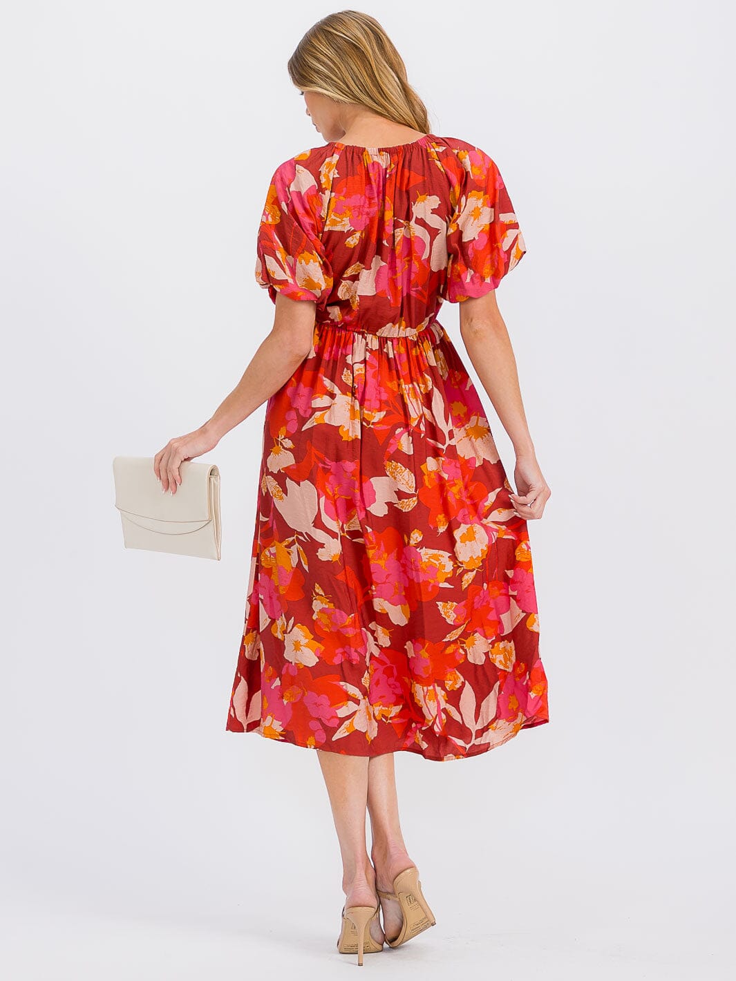 WOMEN'S SHORT SLEEVE V-NECK ELASTIC WAIST FLORAL MAXI DRESS