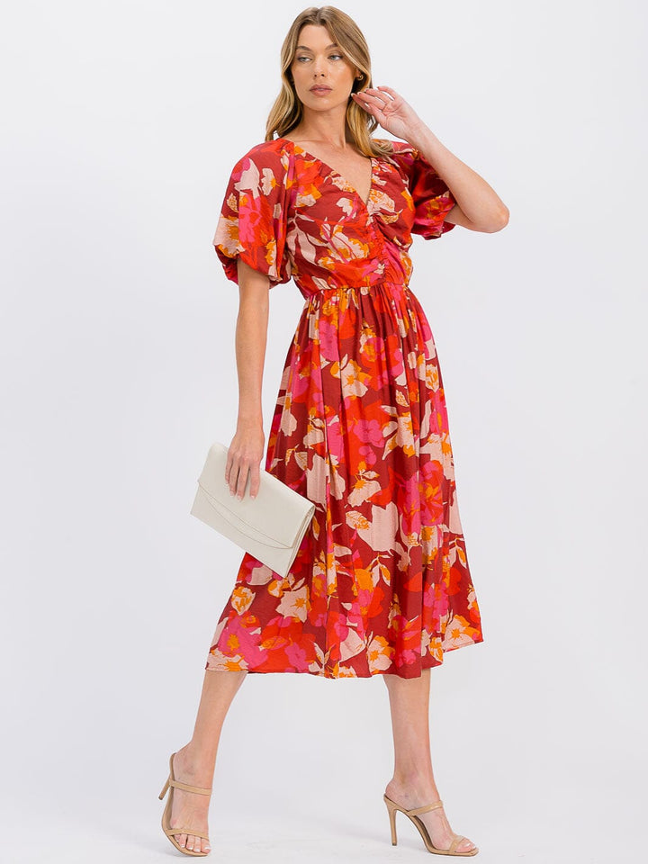 WOMEN'S SHORT SLEEVE V-NECK ELASTIC WAIST FLORAL MAXI DRESS