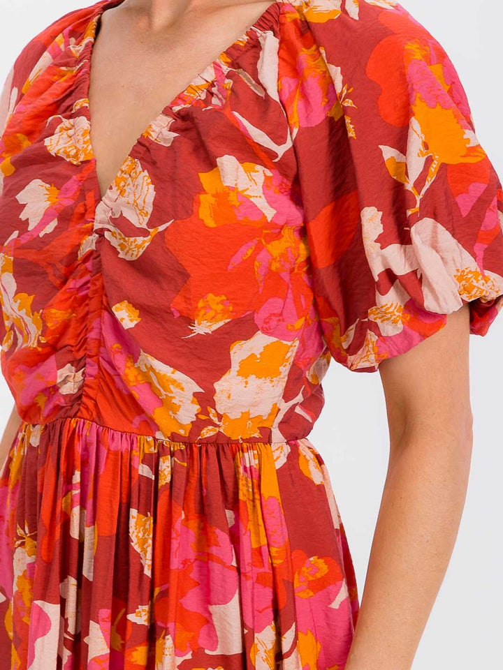 WOMEN'S SHORT SLEEVE V-NECK ELASTIC WAIST FLORAL MAXI DRESS