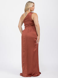 PUS SIZE SLEEVELESS ONE SHOULDER SURPLICE FRONT SLIT MAXI GOWN DRESS