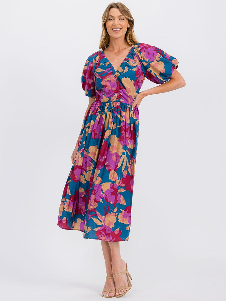 WOMEN'S SHORT SLEEVE V-NECK ELASTIC WAIST FLORAL MAXI DRESS