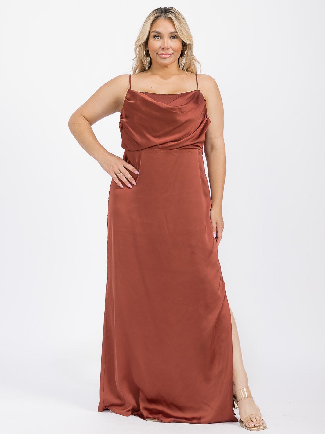 PUS SIZE SLEEVELESS COWL NECK SIDE SLIT MAXI GOWN DRESS