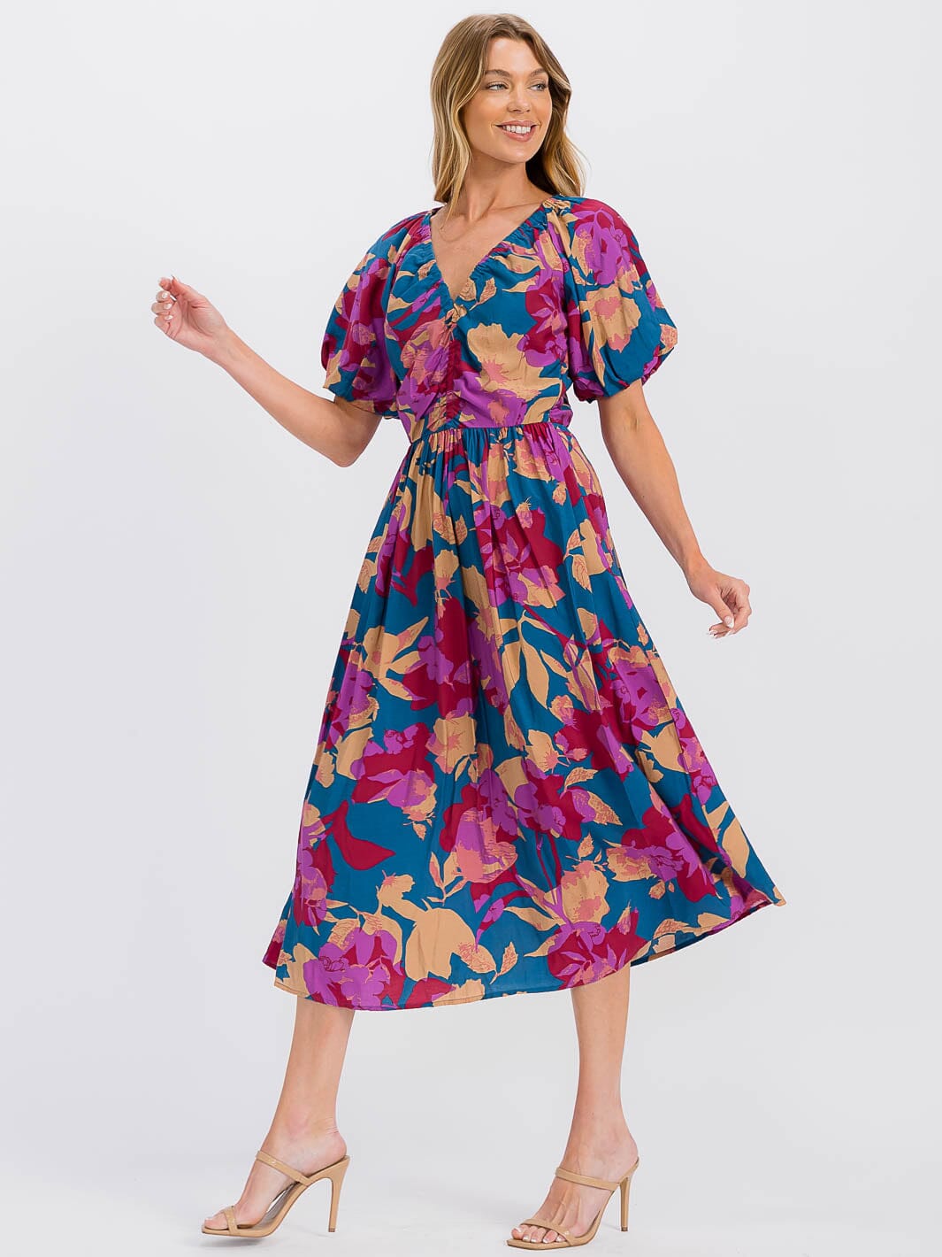 WOMEN'S SHORT SLEEVE V-NECK ELASTIC WAIST FLORAL MAXI DRESS