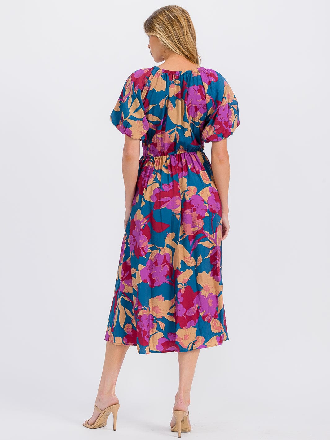 WOMEN'S SHORT SLEEVE V-NECK ELASTIC WAIST FLORAL MAXI DRESS