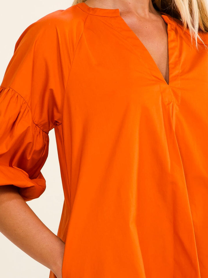WOMEN'S SHORT PUFF SLEEVE V-NECK FRONT POCKETS TUNIC LOOSE FIT MINI DRESS
