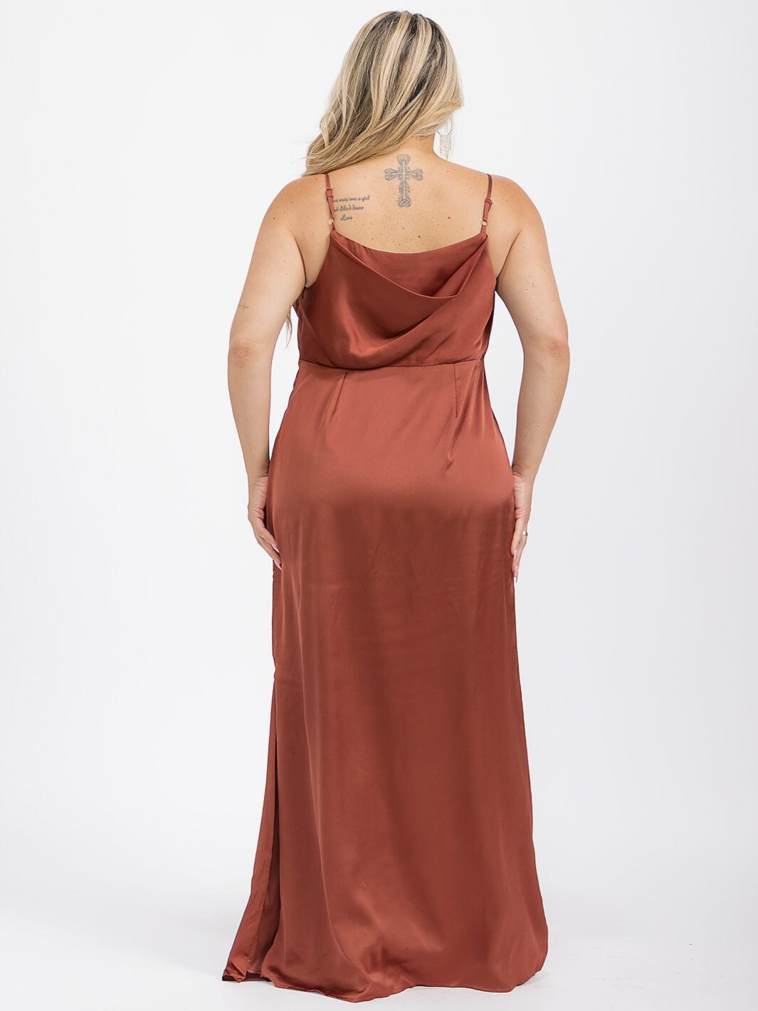 PUS SIZE SLEEVELESS COWL NECK SIDE SLIT MAXI GOWN DRESS
