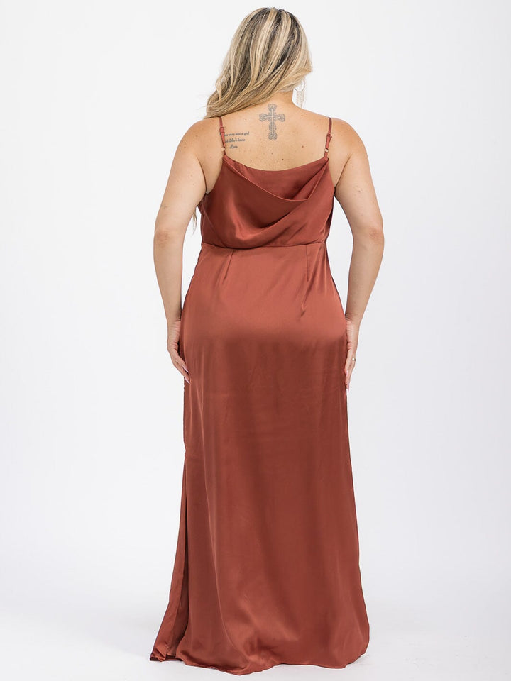 PUS SIZE SLEEVELESS COWL NECK SIDE SLIT MAXI GOWN DRESS