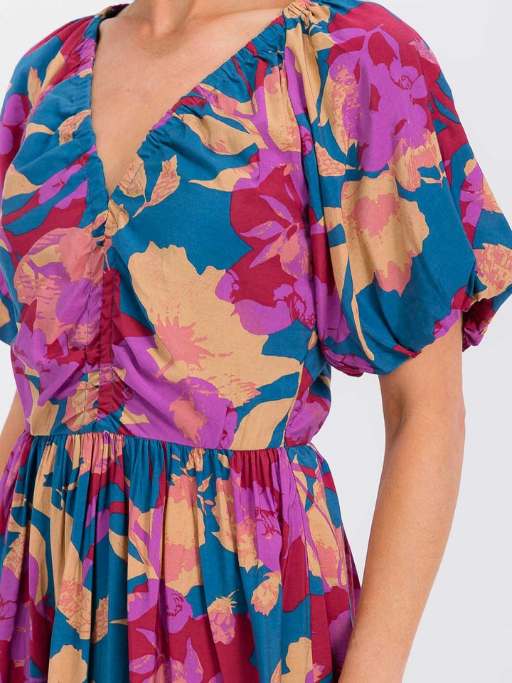 WOMEN'S SHORT SLEEVE V-NECK ELASTIC WAIST FLORAL MAXI DRESS
