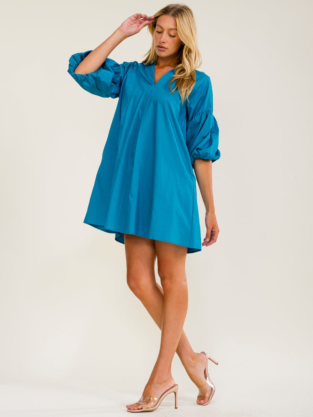 WOMEN'S SHORT PUFF SLEEVE V-NECK FRONT POCKETS TUNIC LOOSE FIT MINI DRESS