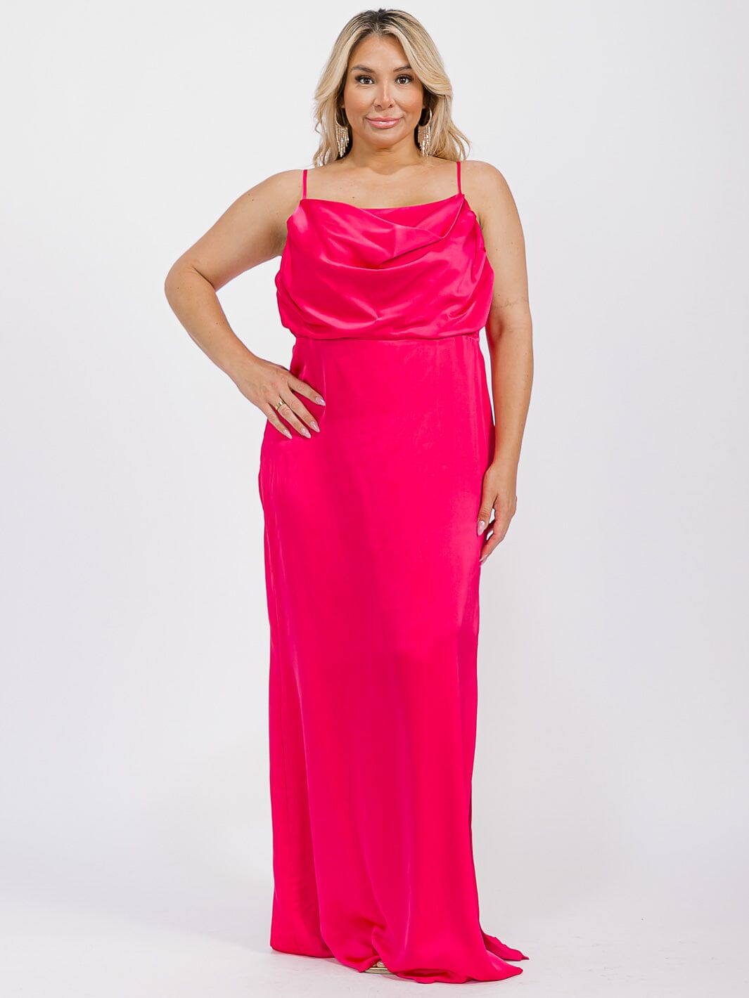 PUS SIZE SLEEVELESS COWL NECK SIDE SLIT MAXI GOWN DRESS