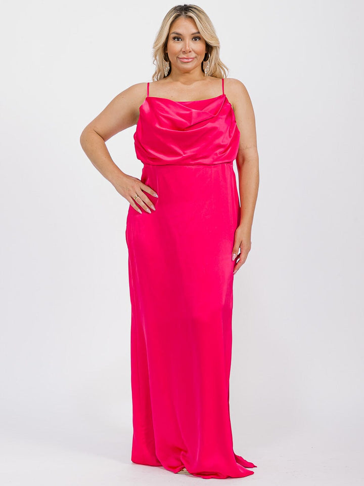 PUS SIZE SLEEVELESS COWL NECK SIDE SLIT MAXI GOWN DRESS