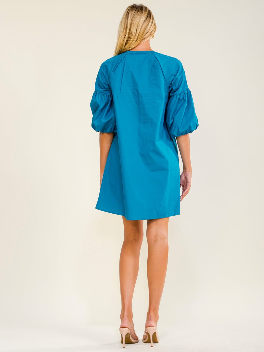 WOMEN'S SHORT PUFF SLEEVE V-NECK FRONT POCKETS TUNIC LOOSE FIT MINI DRESS