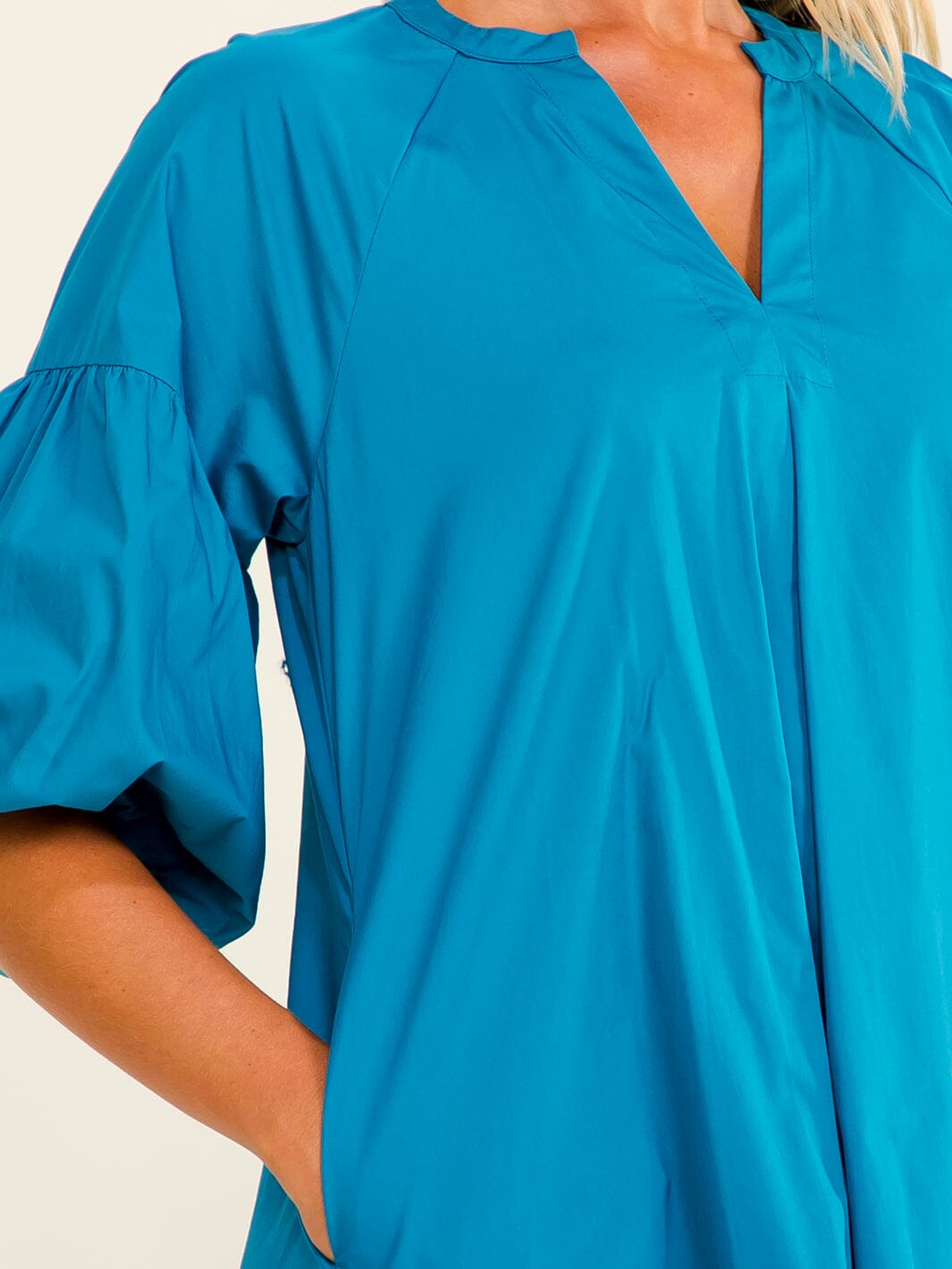 WOMEN'S SHORT PUFF SLEEVE V-NECK FRONT POCKETS TUNIC LOOSE FIT MINI DRESS