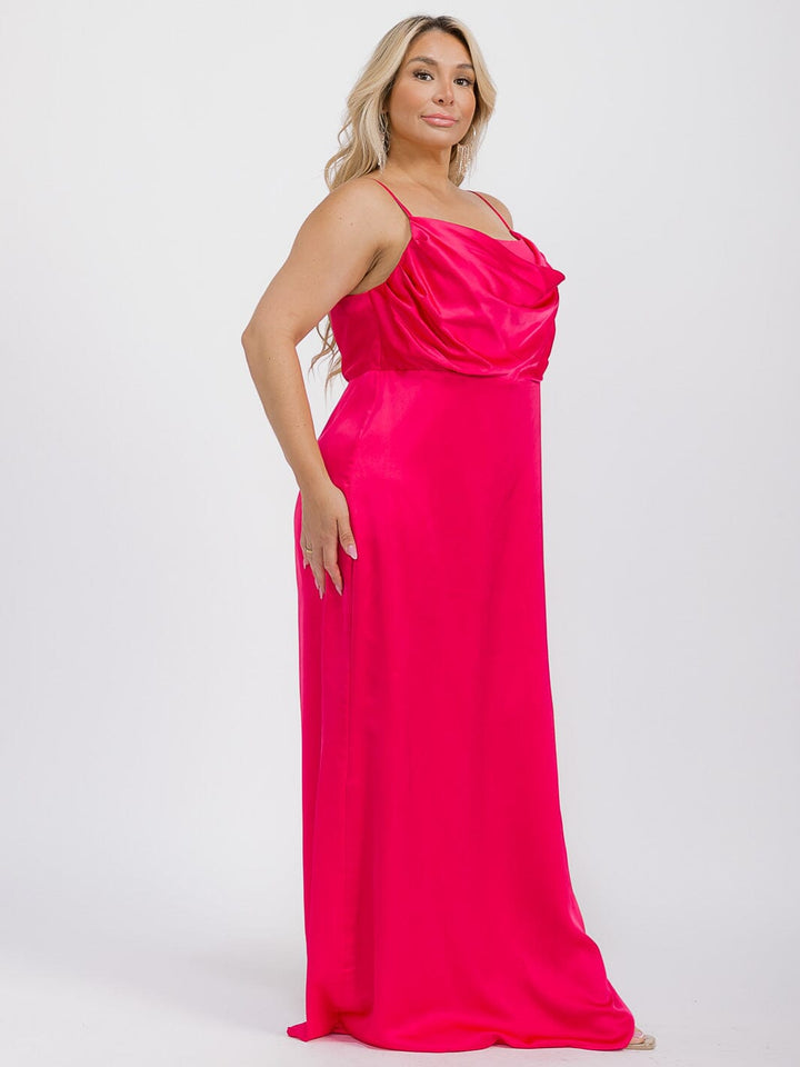 PUS SIZE SLEEVELESS COWL NECK SIDE SLIT MAXI GOWN DRESS