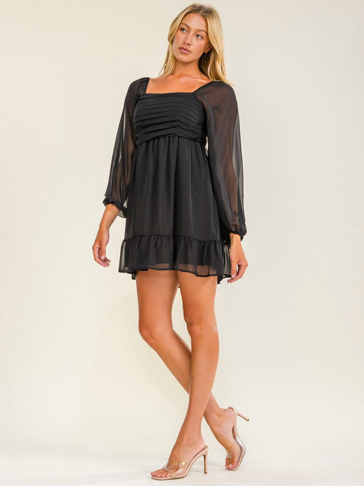 WOMEN'S LONG SLEEVE SQUARE NECK RUCHED FIT & FLARE MINI DRESS