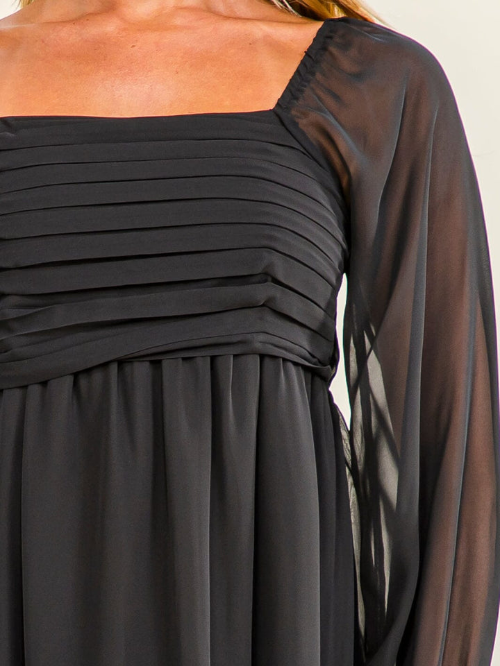 WOMEN'S LONG SLEEVE SQUARE NECK RUCHED FIT & FLARE MINI DRESS