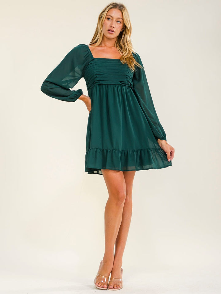 WOMEN'S LONG SLEEVE SQUARE NECK RUCHED FIT & FLARE MINI DRESS