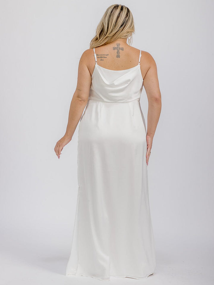 PUS SIZE SLEEVELESS COWL NECK SIDE SLIT MAXI GOWN DRESS