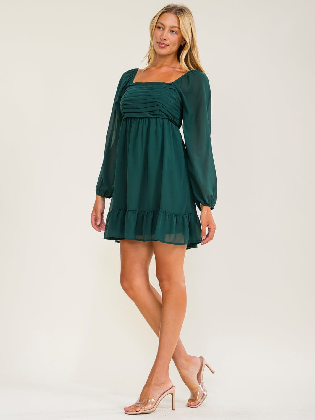 WOMEN'S LONG SLEEVE SQUARE NECK RUCHED FIT & FLARE MINI DRESS