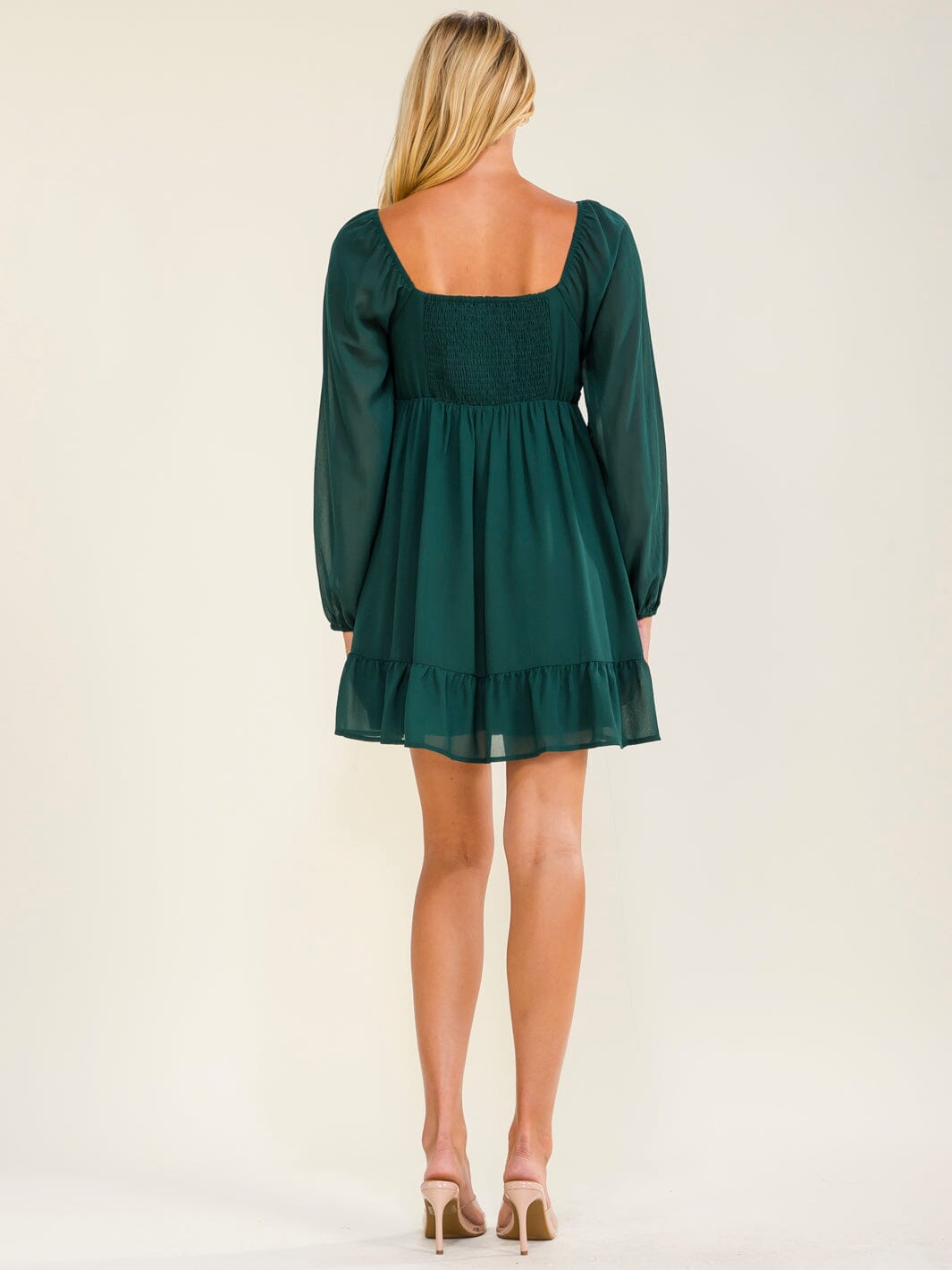 WOMEN'S LONG SLEEVE SQUARE NECK RUCHED FIT & FLARE MINI DRESS