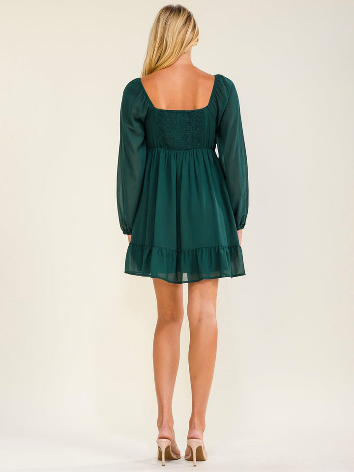 WOMEN'S LONG SLEEVE SQUARE NECK RUCHED FIT & FLARE MINI DRESS