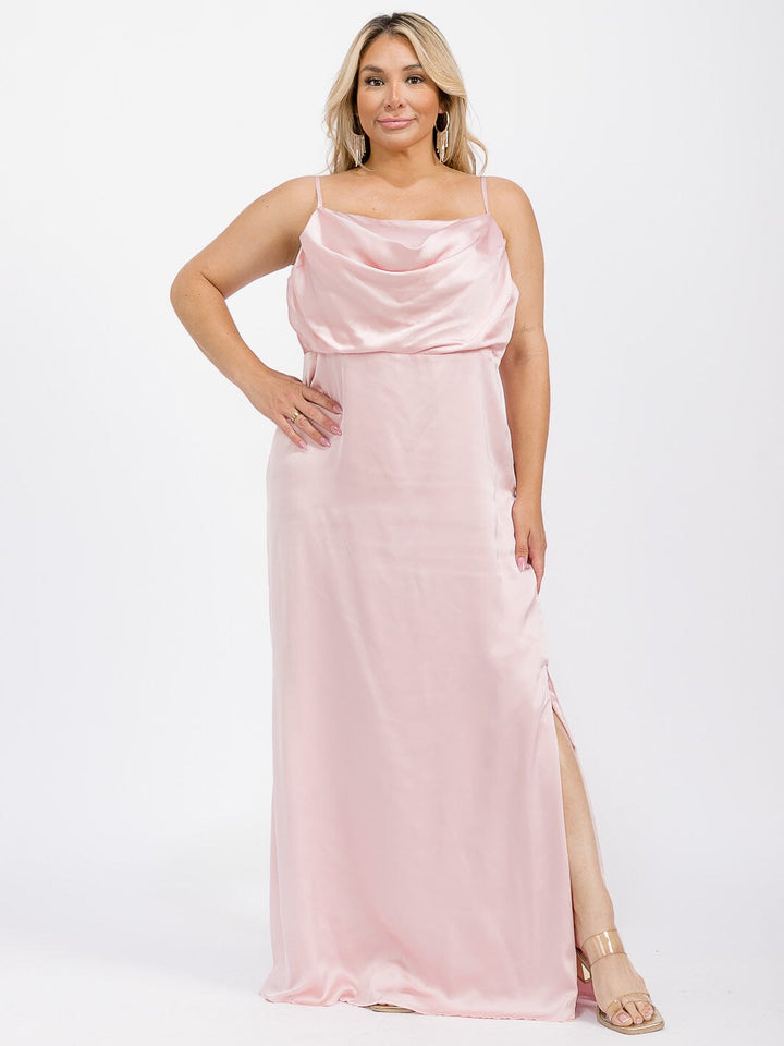 PUS SIZE SLEEVELESS COWL NECK SIDE SLIT MAXI GOWN DRESS