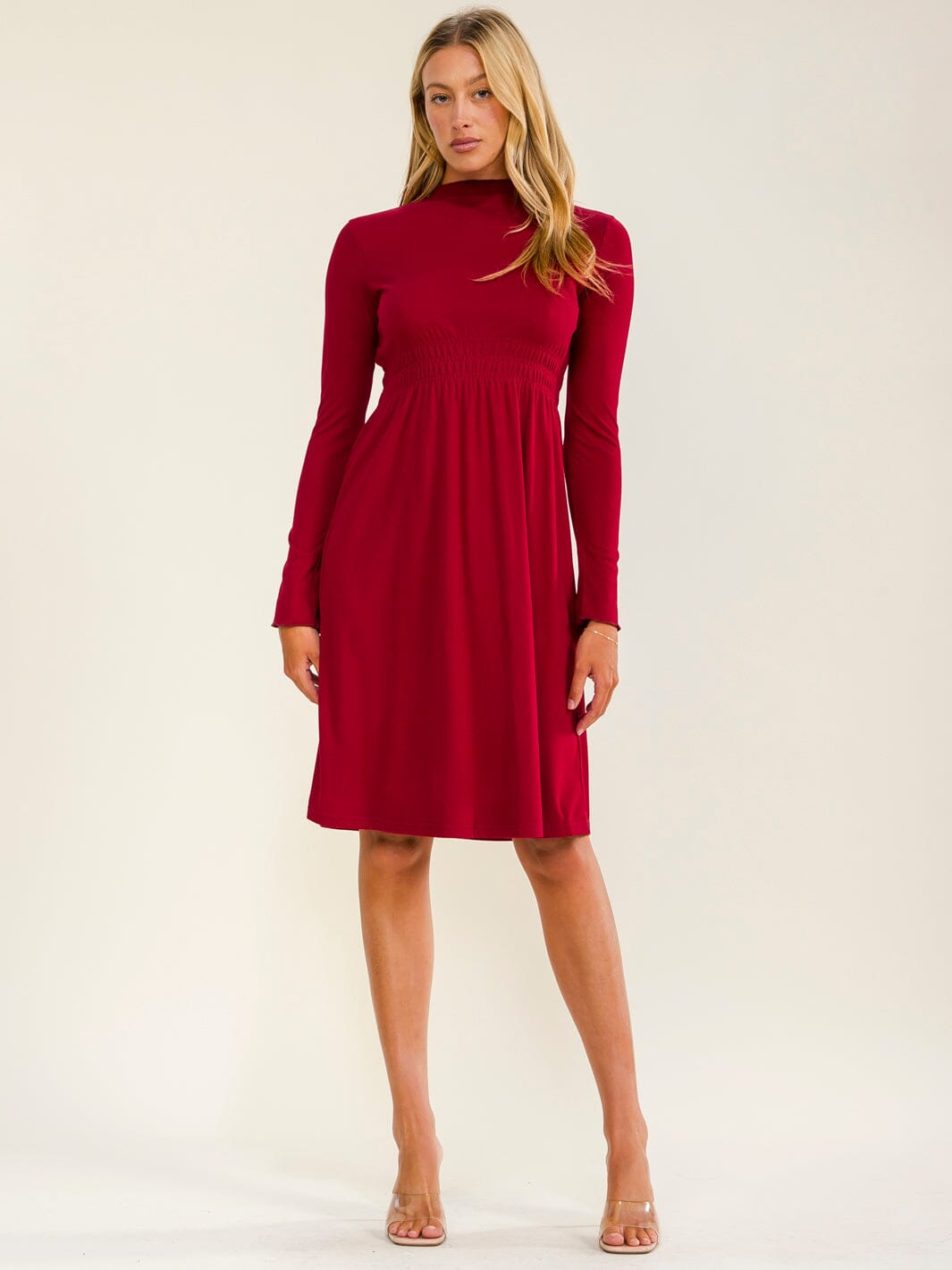 WOMEN'S LONG SLEEVE ELASTIC WAIST SOLID MINI DRESS