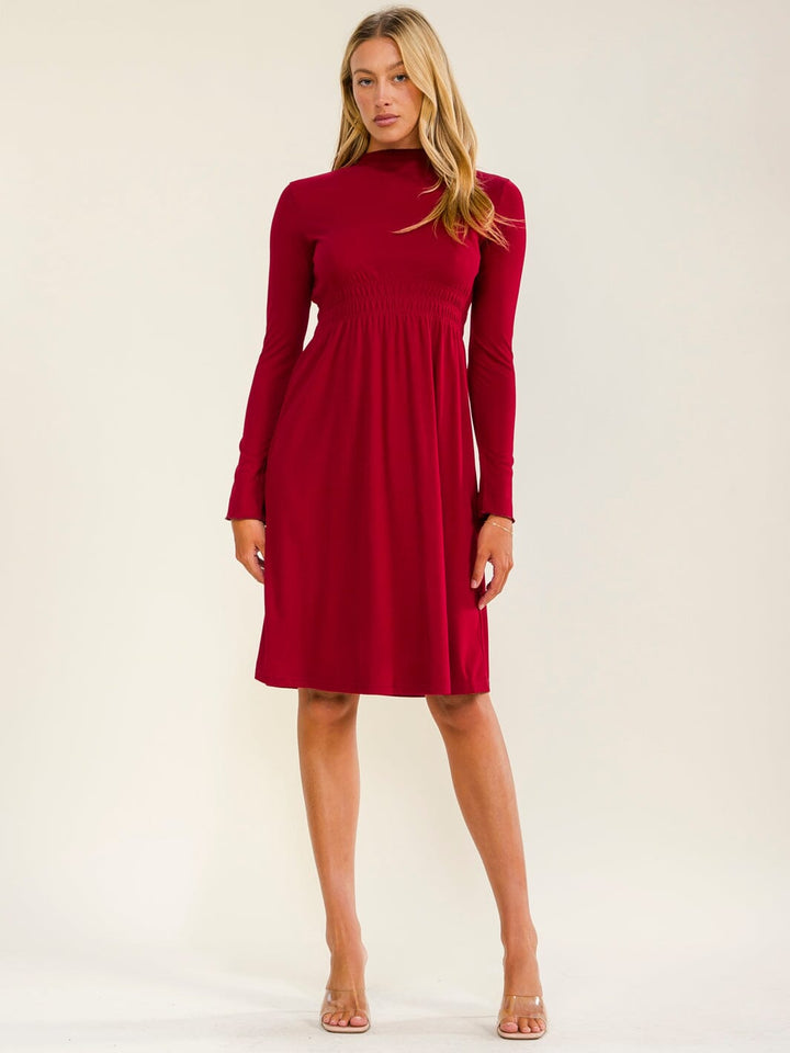 WOMEN'S LONG SLEEVE ELASTIC WAIST SOLID MINI DRESS