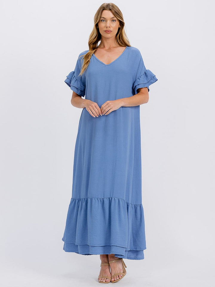 WOMEN'S SHORT SLEEVE V-NECK RUFFLE BOTTOM HEM LOOSE FIT MAXI DRESS