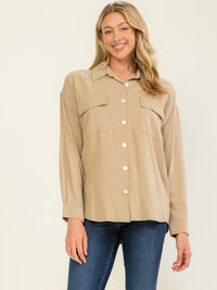 WOMEN'S LONG SLEEVE BUTTON UP FRONT POCKETS TOP