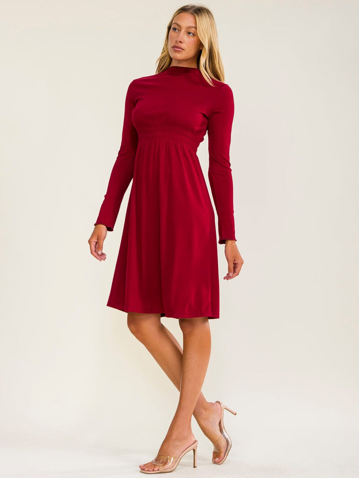 WOMEN'S LONG SLEEVE ELASTIC WAIST SOLID MINI DRESS