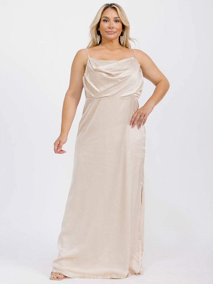 PUS SIZE SLEEVELESS COWL NECK SIDE SLIT MAXI GOWN DRESS