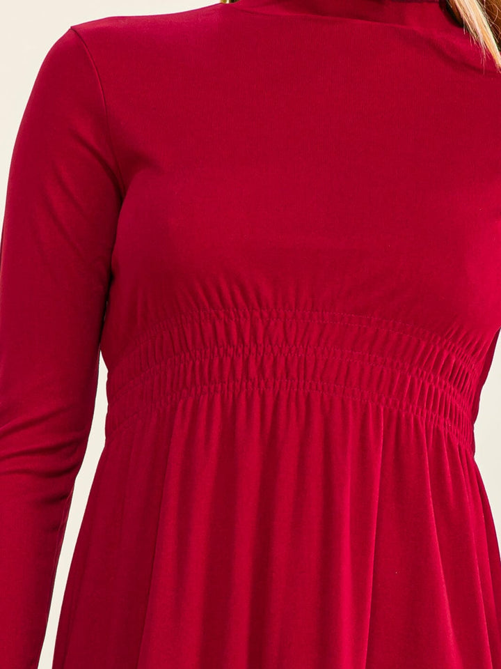 WOMEN'S LONG SLEEVE ELASTIC WAIST SOLID MINI DRESS