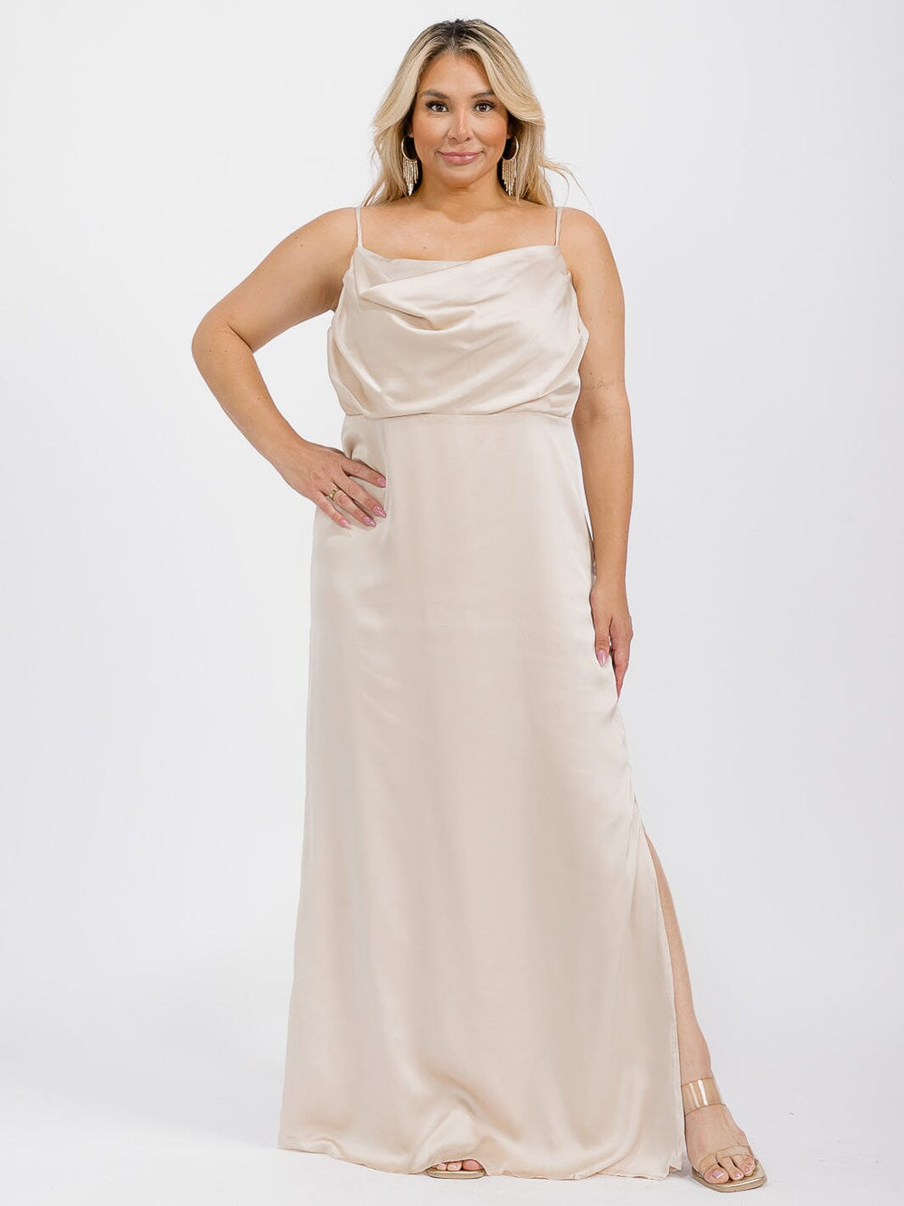PUS SIZE SLEEVELESS COWL NECK SIDE SLIT MAXI GOWN DRESS