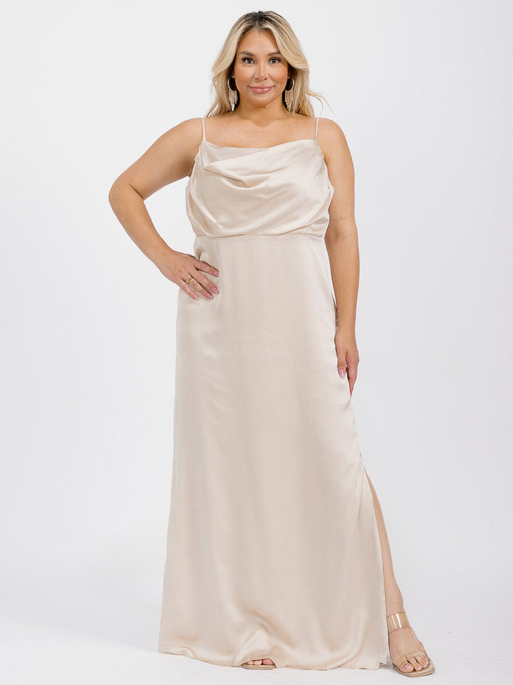 PUS SIZE SLEEVELESS COWL NECK SIDE SLIT MAXI GOWN DRESS