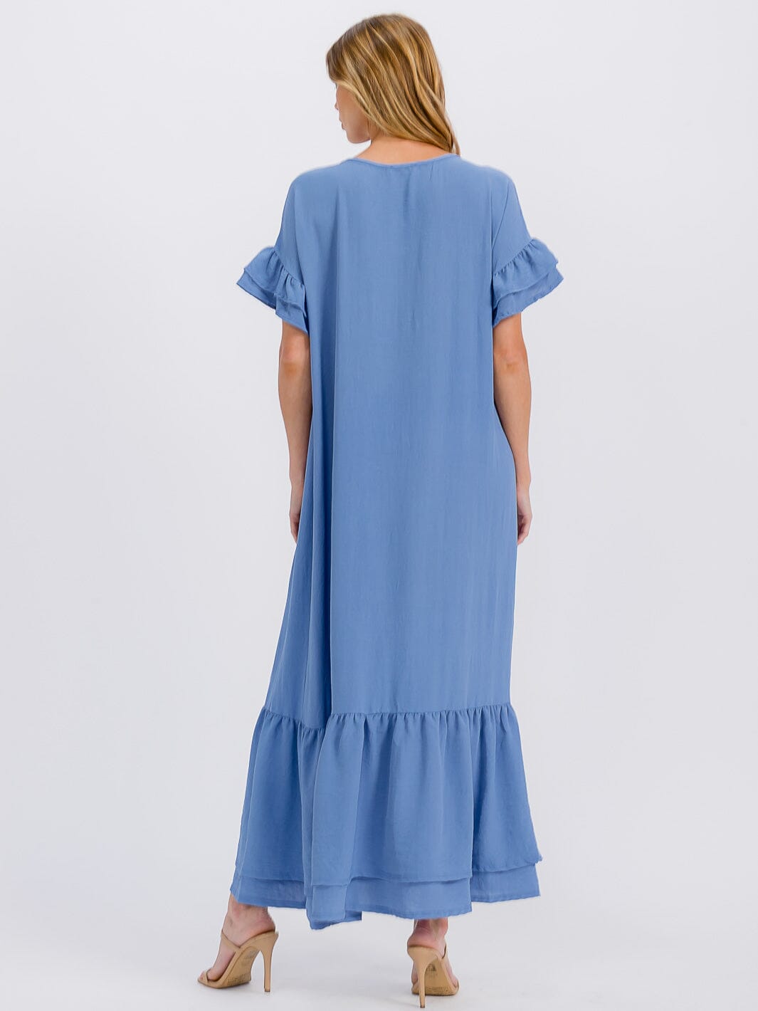 WOMEN'S SHORT SLEEVE V-NECK RUFFLE BOTTOM HEM LOOSE FIT MAXI DRESS