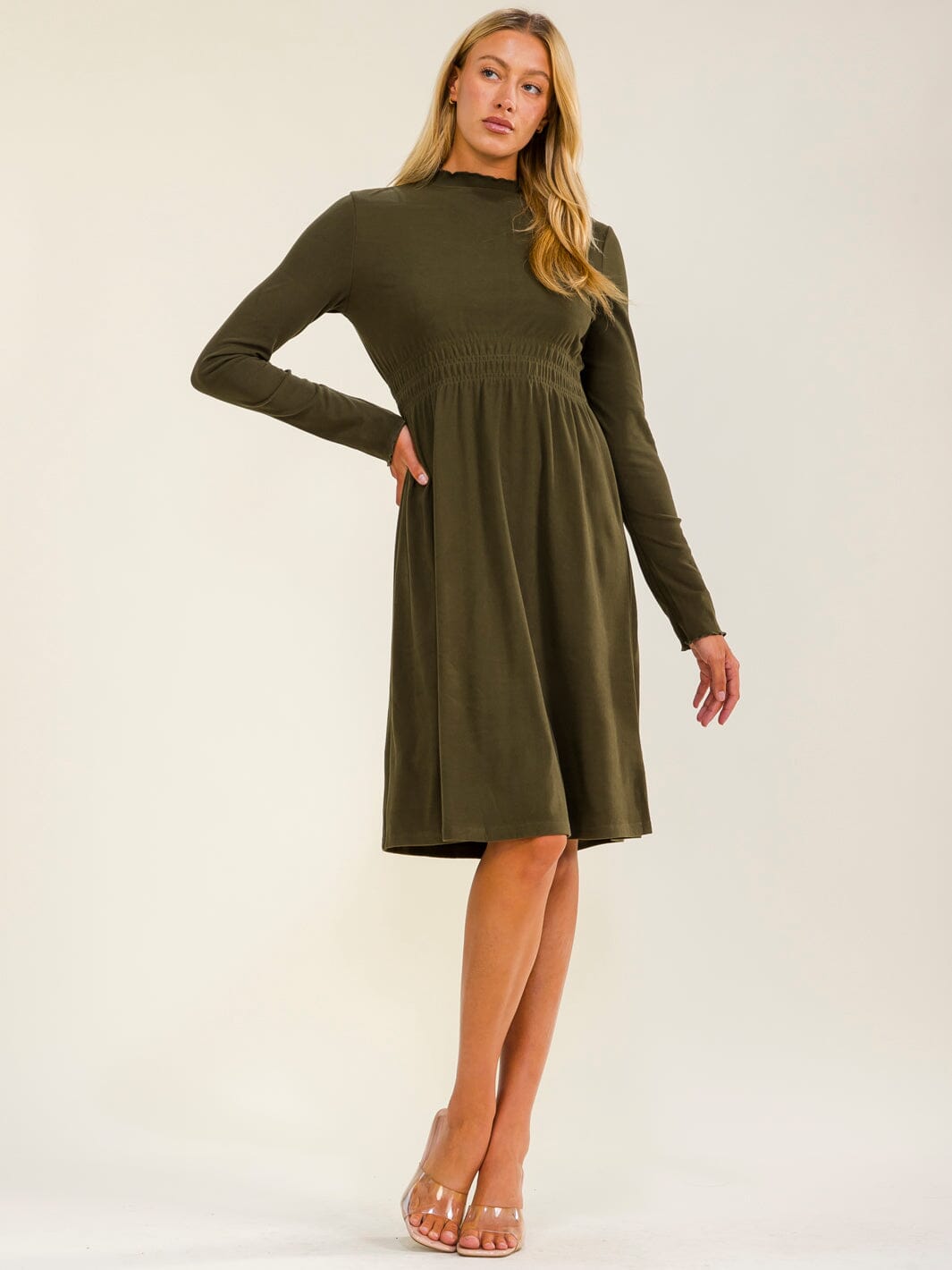 WOMEN'S LONG SLEEVE ELASTIC WAIST SOLID MINI DRESS