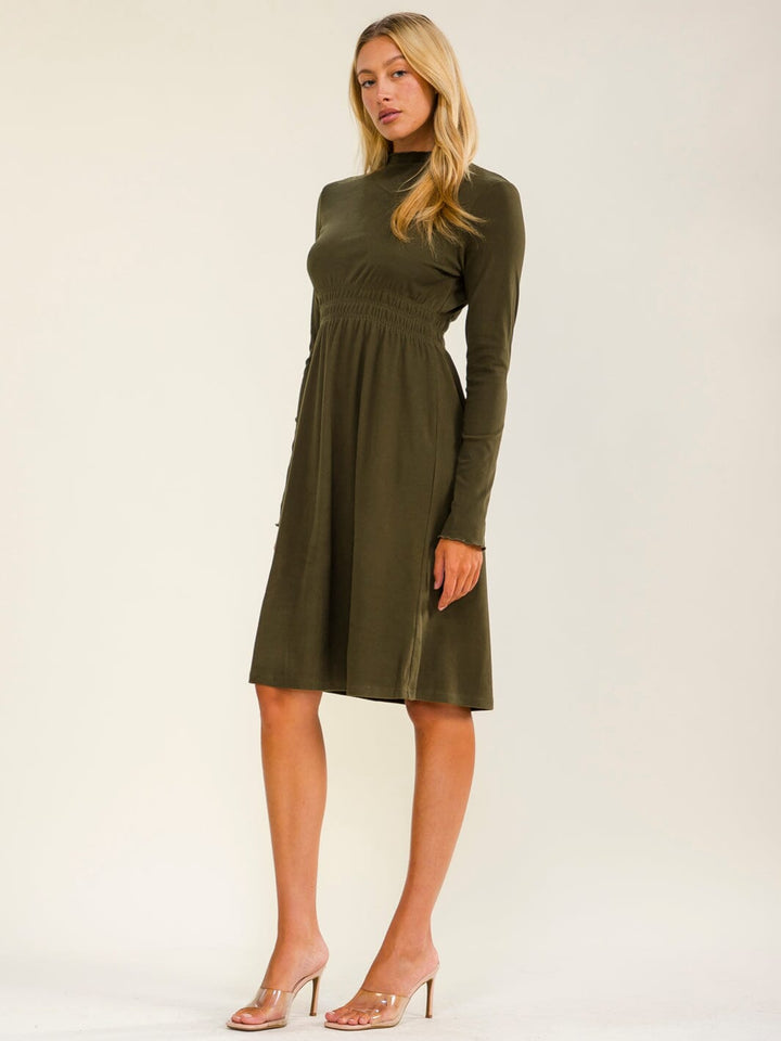 WOMEN'S LONG SLEEVE ELASTIC WAIST SOLID MINI DRESS