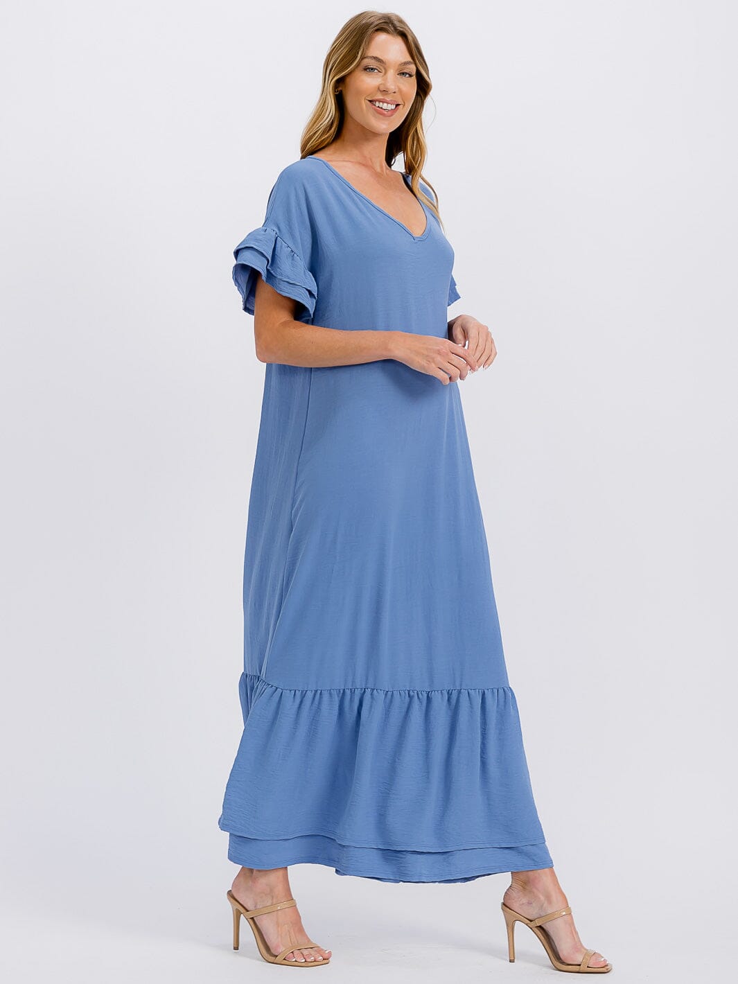 WOMEN'S SHORT SLEEVE V-NECK RUFFLE BOTTOM HEM LOOSE FIT MAXI DRESS