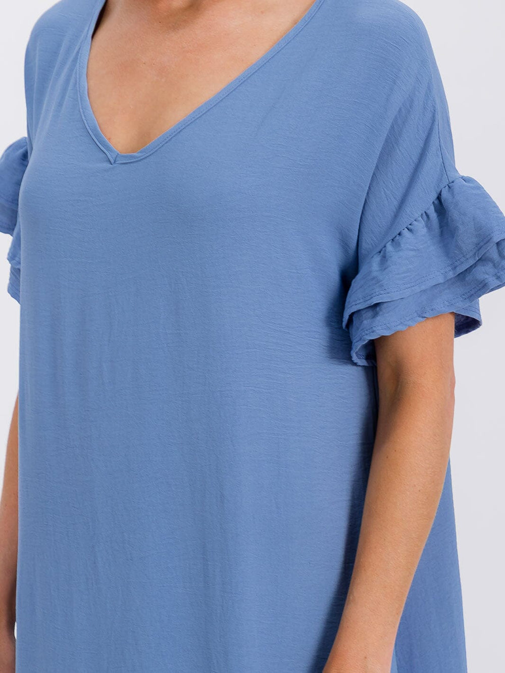 WOMEN'S SHORT SLEEVE V-NECK RUFFLE BOTTOM HEM LOOSE FIT MAXI DRESS