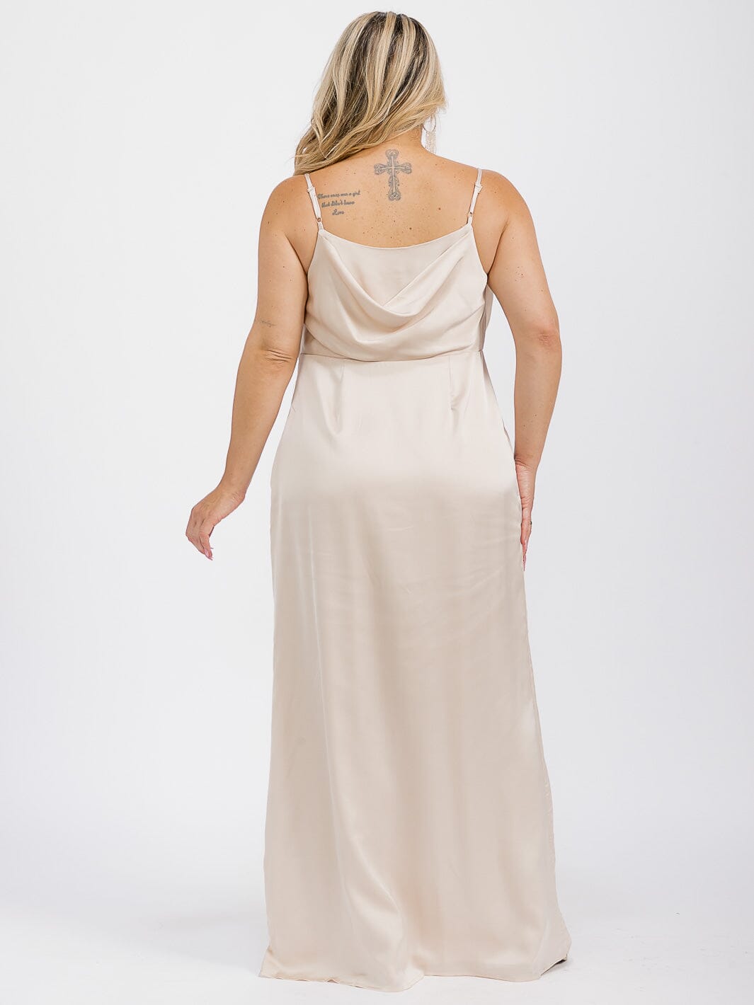 PUS SIZE SLEEVELESS COWL NECK SIDE SLIT MAXI GOWN DRESS