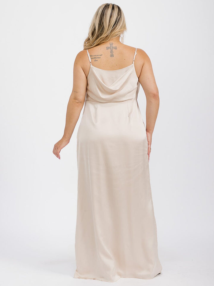 PUS SIZE SLEEVELESS COWL NECK SIDE SLIT MAXI GOWN DRESS