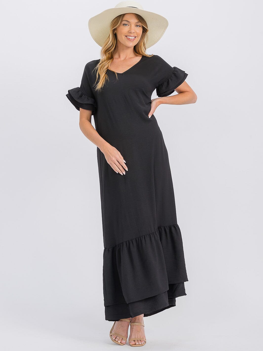 WOMEN'S SHORT SLEEVE V-NECK RUFFLE BOTTOM HEM LOOSE FIT MAXI DRESS
