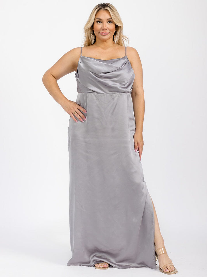 PUS SIZE SLEEVELESS COWL NECK SIDE SLIT MAXI GOWN DRESS